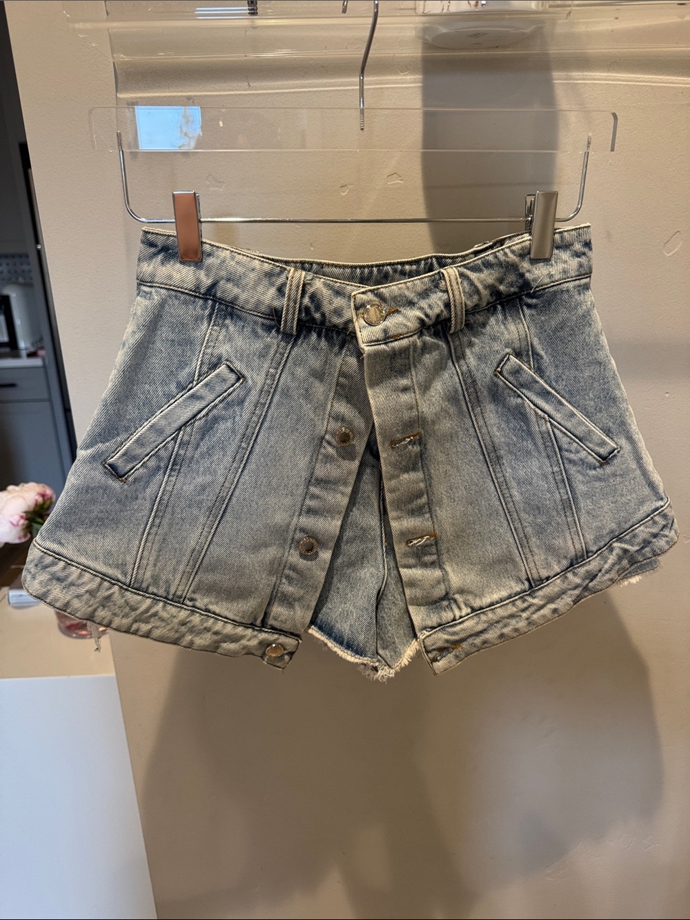 Alexander Wang Light Blue Washed Denim Panel Button-Front Shorts